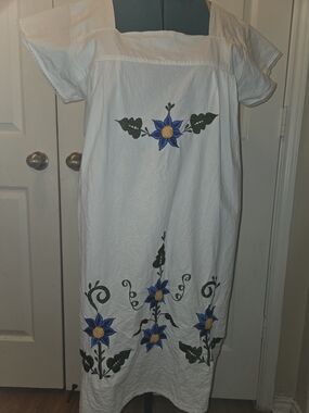 Mexican Embroidered Huipil Dress Blue Flower